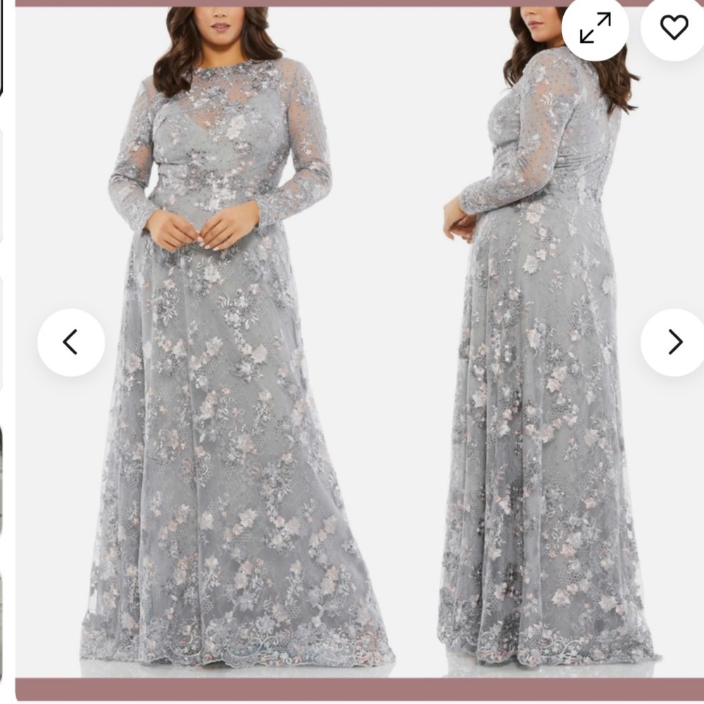 Mac Duggal Floral Long Sleeve Dress in platinum Gray. Length about 66 inches.